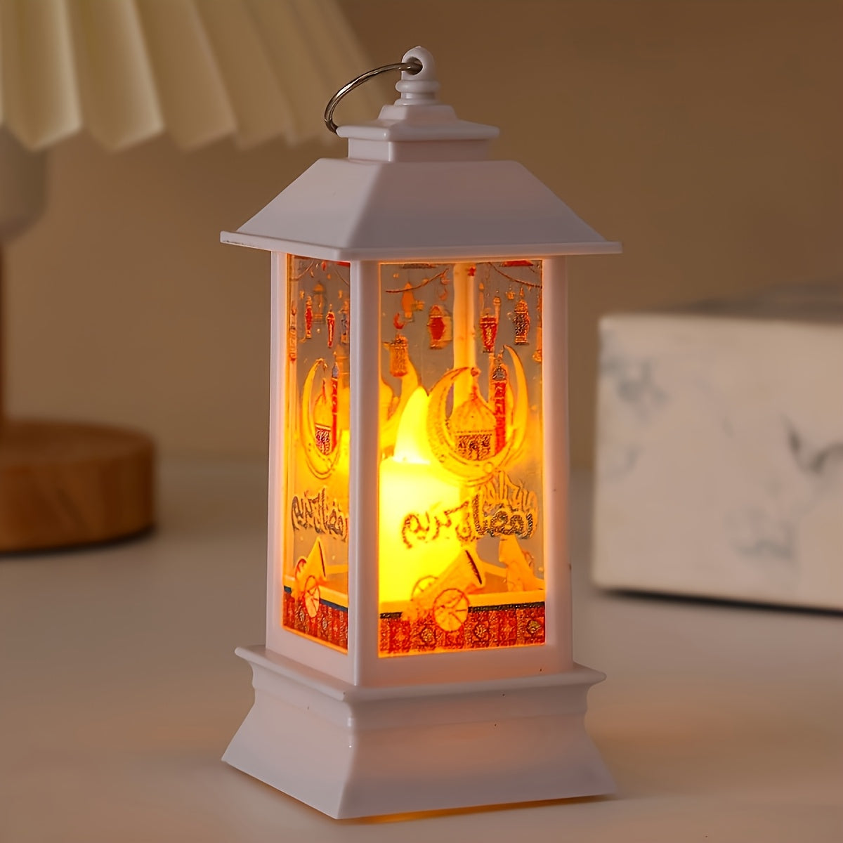 Rustic LED lantern for home decor and festive celebrations, battery operated with included button battery, perfect for Eid al-Fitr and holiday ambiance. Traditional style lantern made of