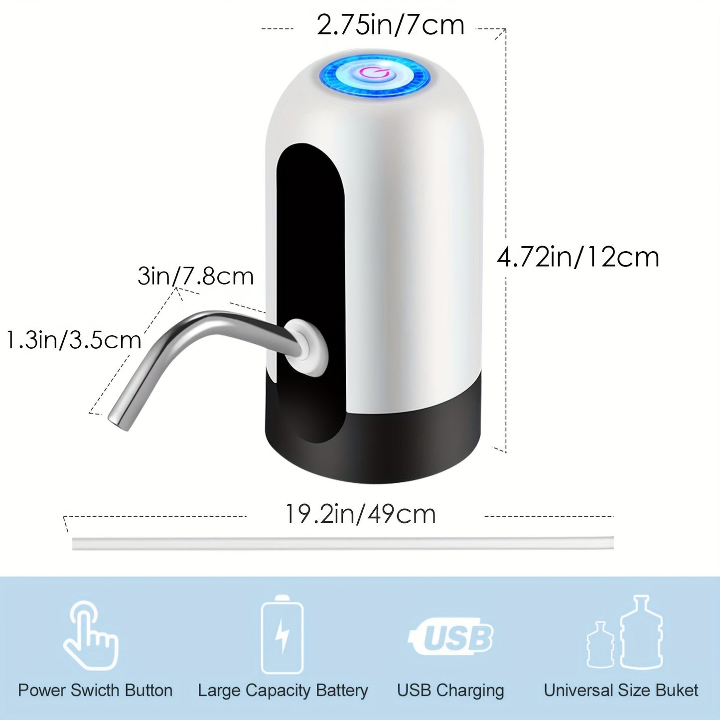 USB rechargeable automatic water bottle pump with 400mAh lithium battery for dorms.