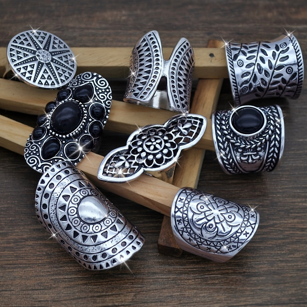 A collection of 8 autumn and winter themed retro rings featuring wide faces, exaggerated bohemian style, and intricate three-dimensional carvings. Perfect for everyday wear or as a special gift for friends during any occasion.