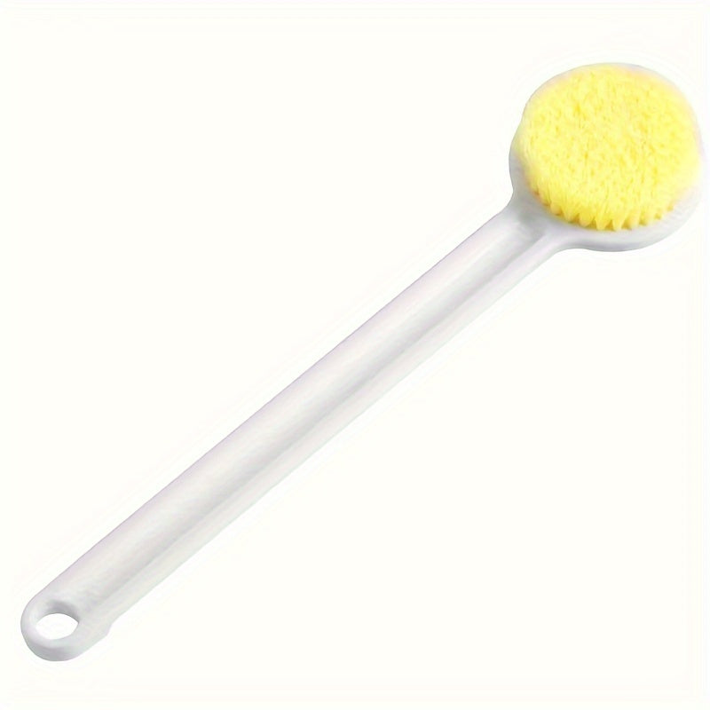 Long handle bath brush with soft bristles for exfoliating massages and cleaning.