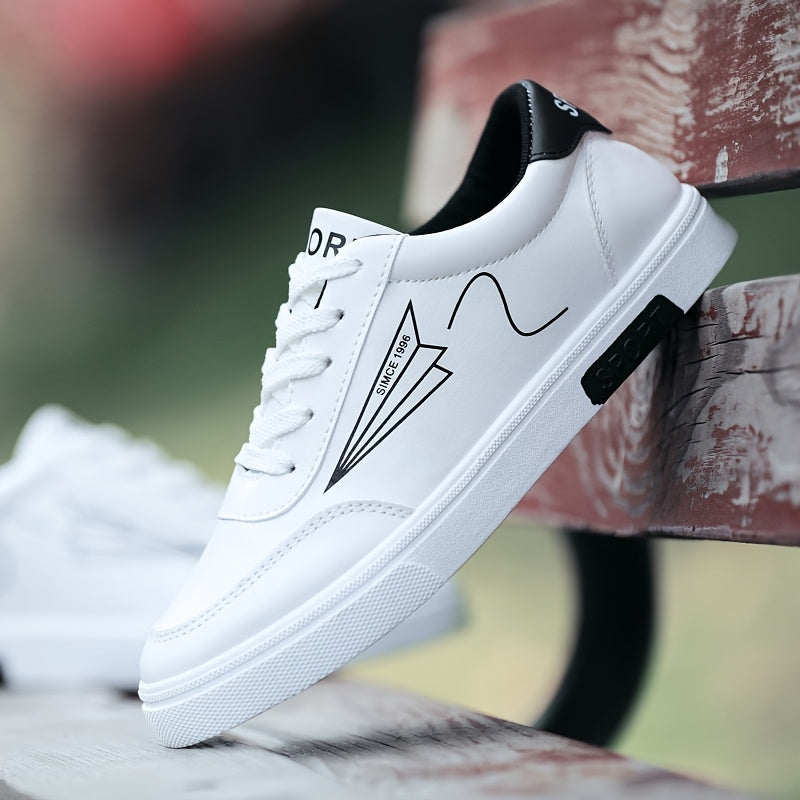 Men's fashion skateboard shoes with paper airplane pattern, low-top lace-up sneakers, comfortable non-slip sole, faux upper, fabric lining, round toe for outdoor activities all year round.