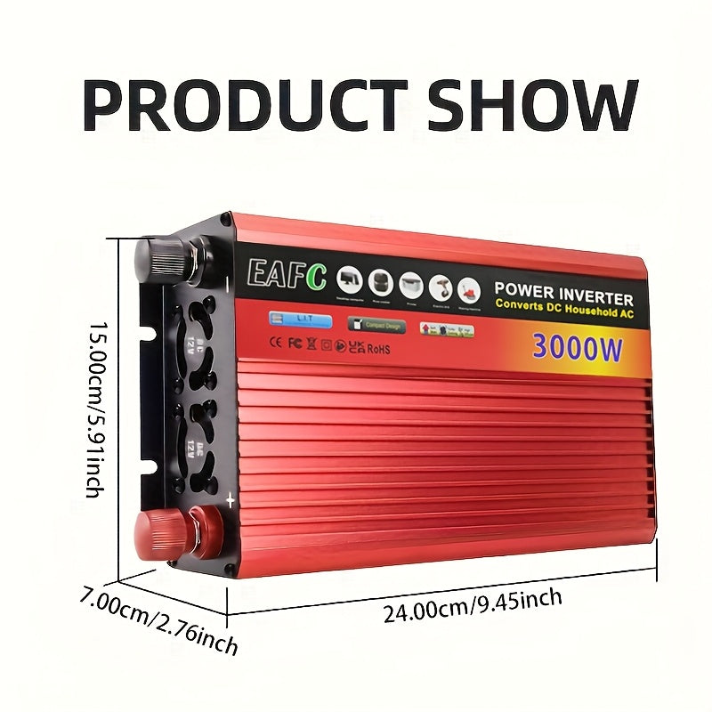 3000W Portable Inverter converts DC 12V to AC 220V for use in vehicles.