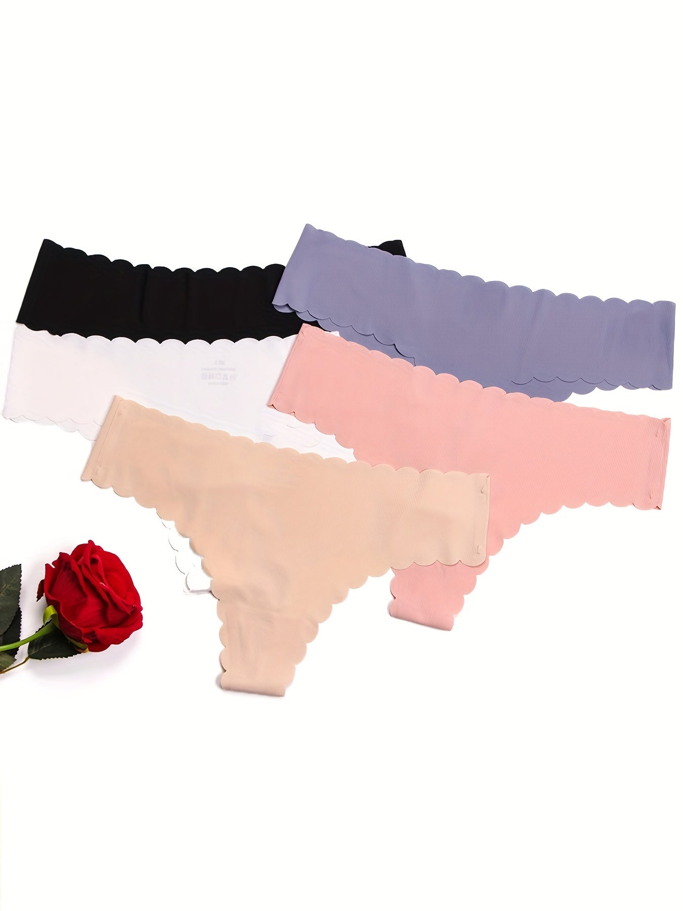 5 Scallop Trim Thongs, Seamless Low Waist Panties for Women's Lingerie