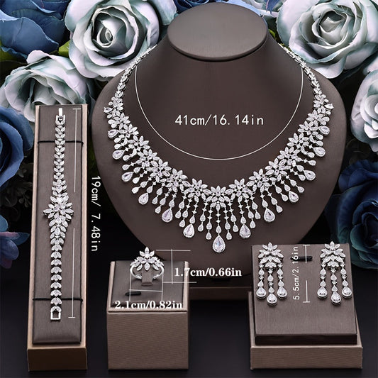 Elegant Platinum Plated Copper Bridal Jewelry Set with Zirconia - Includes Necklace, Bracelet, And Earrings for Weddings, Ramadan, and Special Events