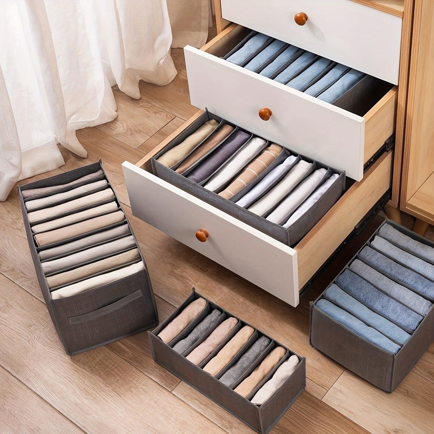 Clothing storage organizer for your bedroom closet, featuring drawer dividers for socks and underwear.