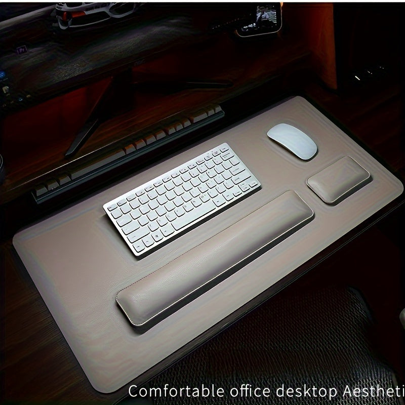 Ergonomic 3-piece desk set includes large faux leather mouse pad, keyboard mat, and wrist support for non-slip office desk protection.