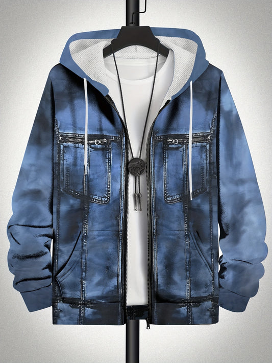 Z1005 Plus Size Men's Hooded Jacket with Digital Print Faux Denim, Elastic Polyester Knit, Full Print Design, Regular Fit for Fall/Winter.