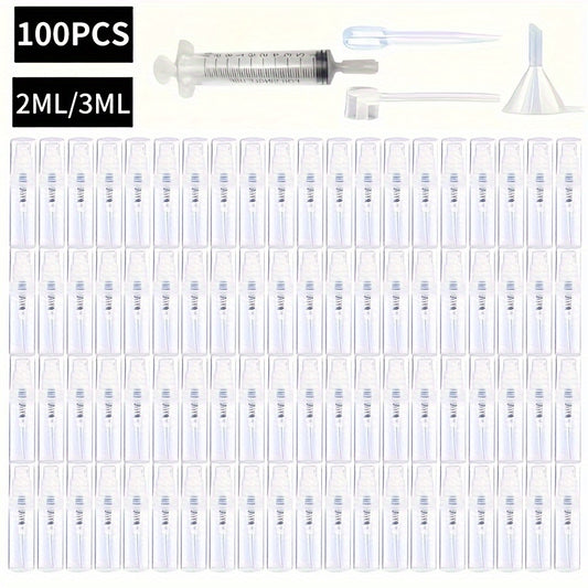 100 unscented mini spray bottles made for travel, with fine mist and black caps for perfume and cosmetics, leakproof and clear design, in 2ml/3ml sizes.