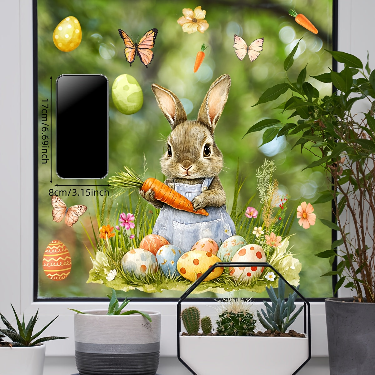 Decorate your bedroom or balcony with this festive Easter Bunny & Carrot Window Cling Decal! Measuring 30.48cm x 30.48cm and featuring colorful eggs & butterflies, this double-sided, reusable PVC sticker is the perfect bunny accessory for your seasonal