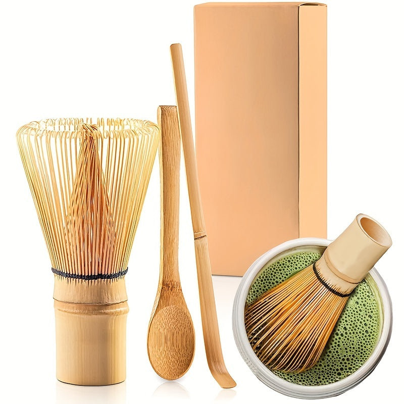 Traditional handmade starter kit includes a set of 3 pieces: matcha whisk, scoop, and spoon for whisking matcha tea. Kit includes a whisk (chasen), scoop (chashaku), and spoon.