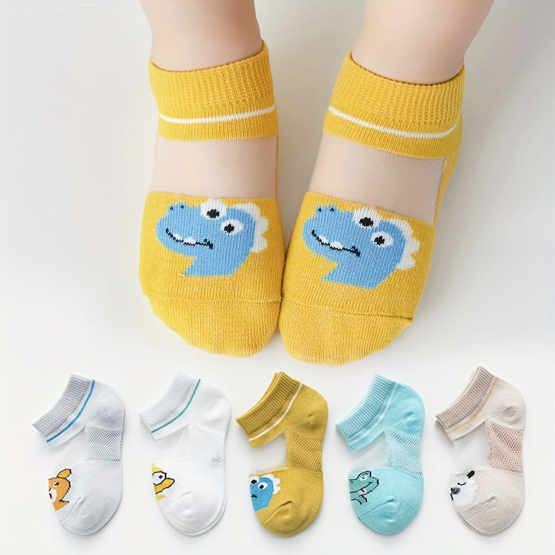 Kids' 5 pairs of thin mesh breathable socks with cartoon designs for spring and summer.