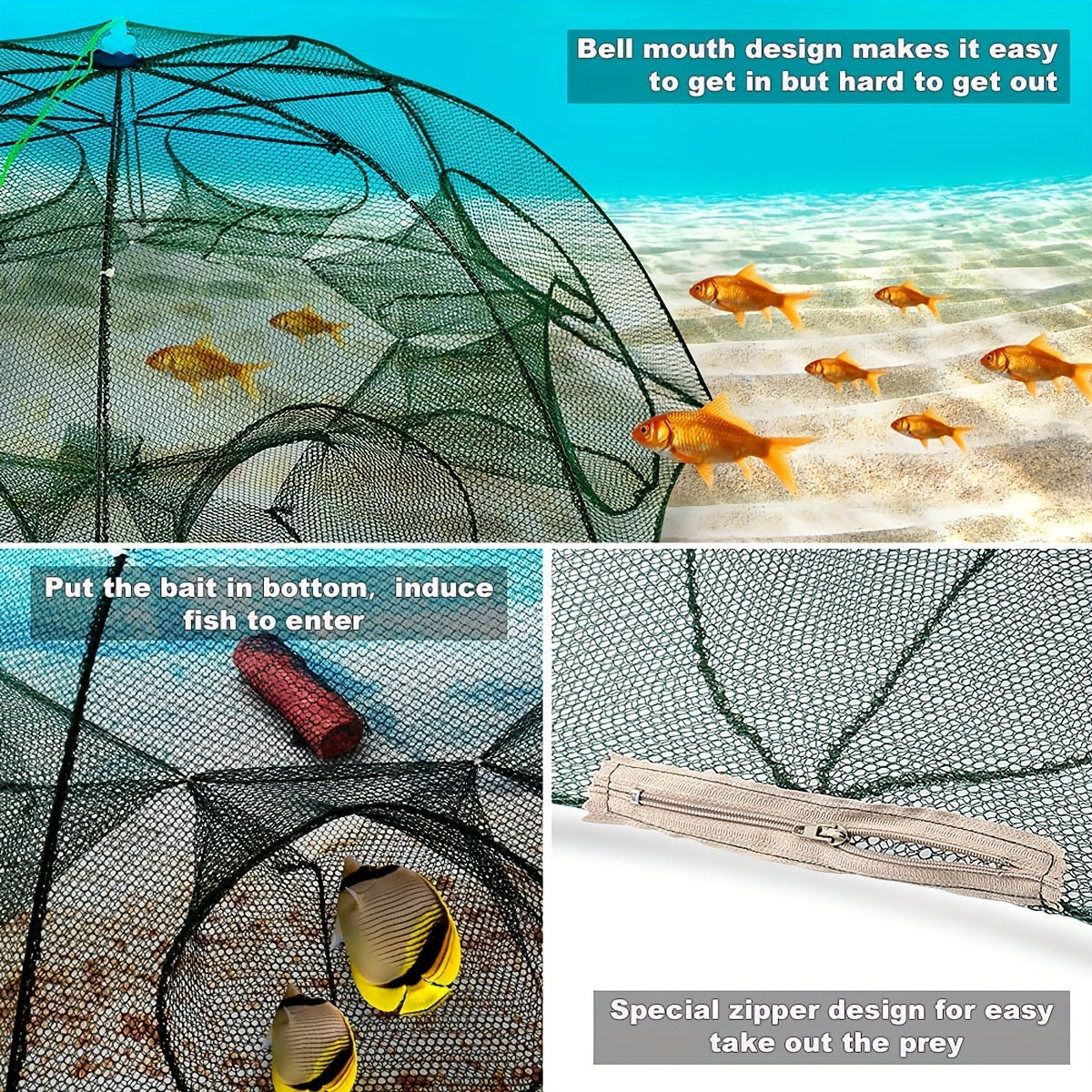 Foldable hexagonal fishing net with 1pc and 4/6/8/10 holes for catching minnow, crayfish, and crabs effortlessly.