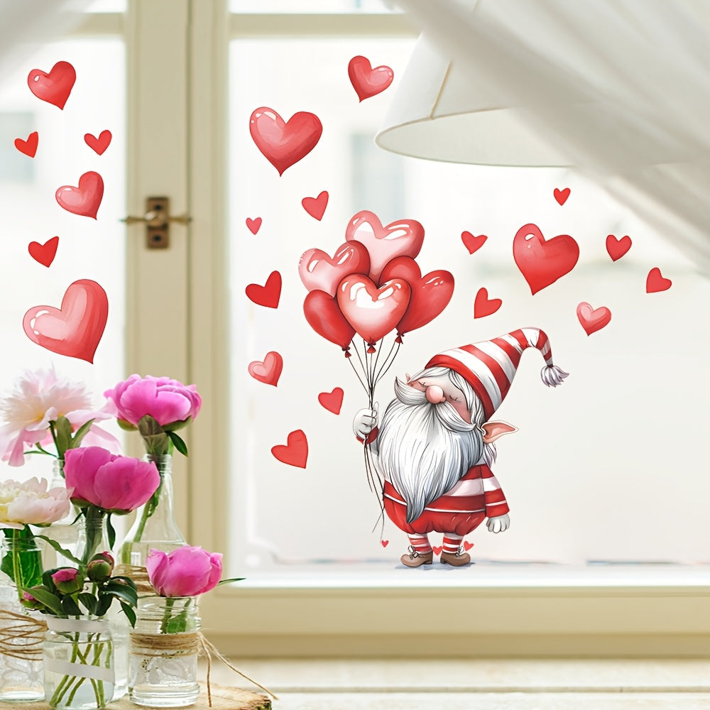 Valentine's Day Gnome and Heart Window Clings in Pink and Red - Self-Adhesive Decals for Home and Kitchen Decor, Ideal for Anniversaries, Weddings, and Valentine's Day - Farmhouse Truck, Holiday Wall Stickers and Decorations