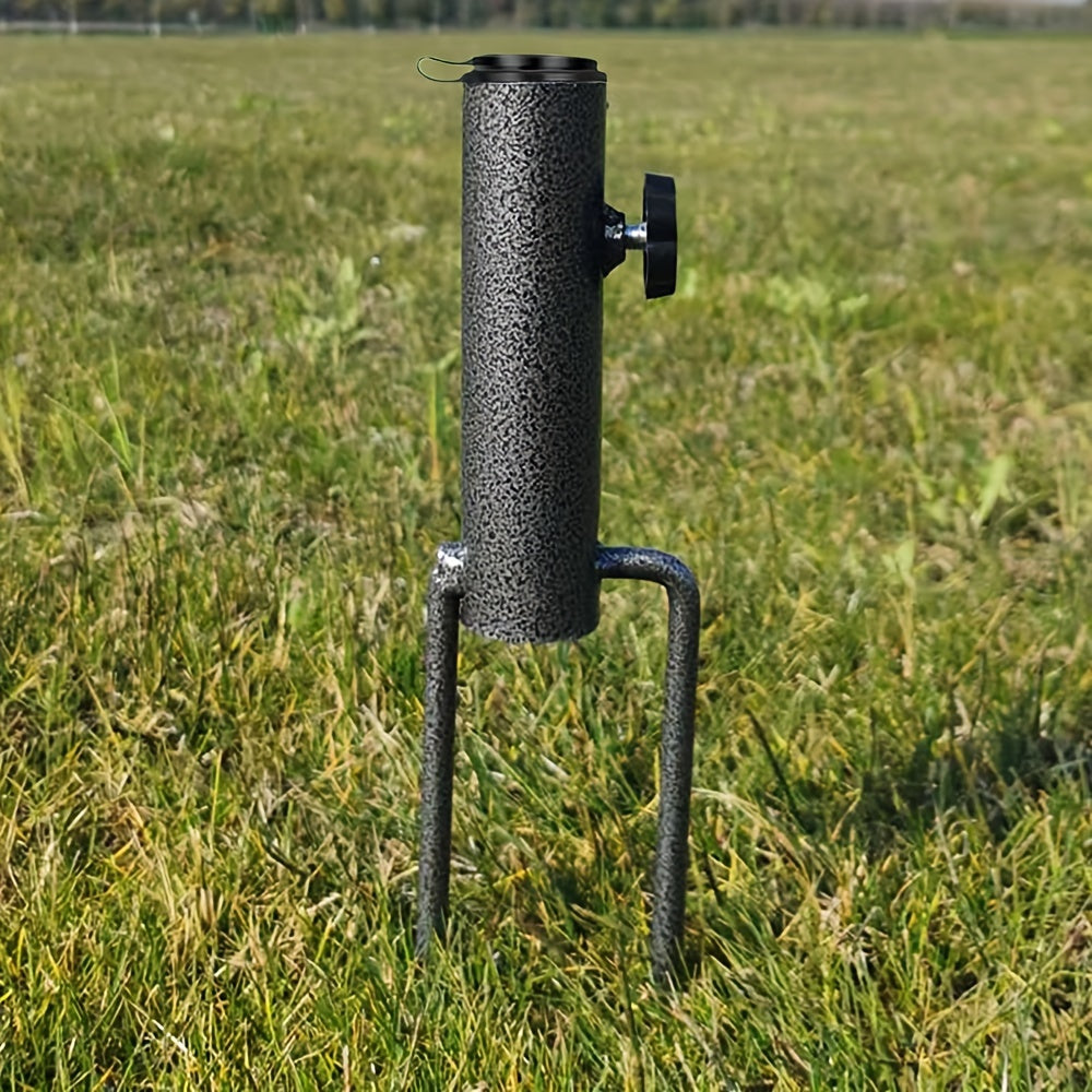 Portable umbrella base stand made of heavy-duty steel with rubber feet for stability. Fits 28-32mm poles, suitable for outdoor use. Features a sleek metallic design with a textured steel