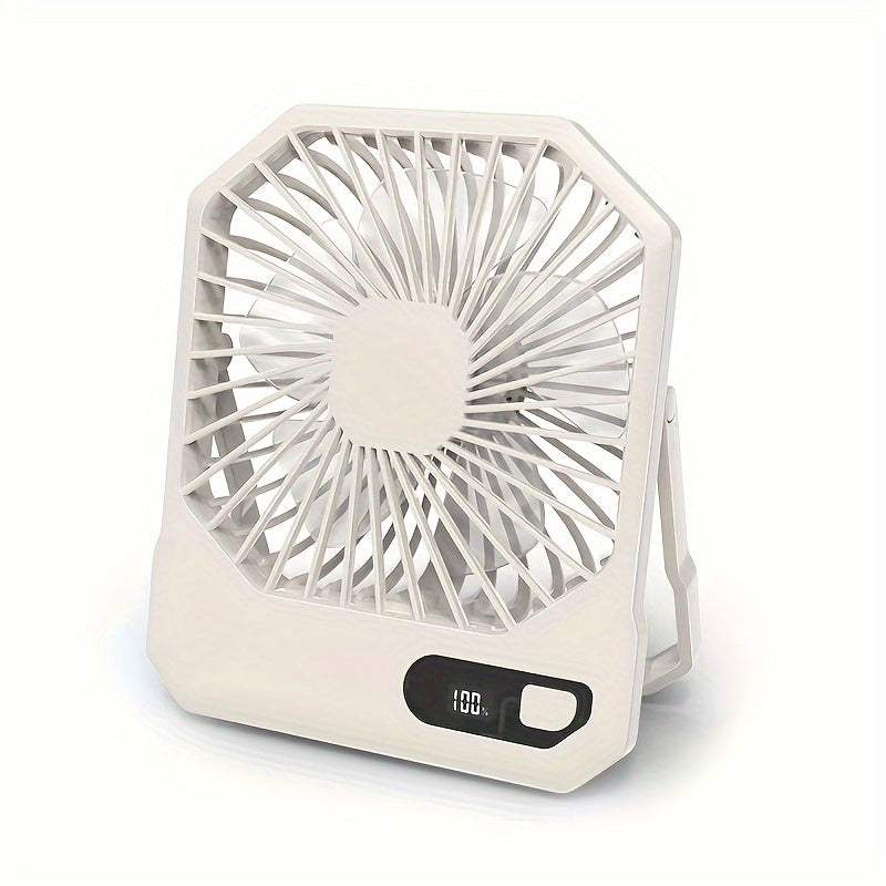 Introducing the 1pc Portable USB Desktop Fan with Digital Display. This 3-speed 6-inch mini cooling fan offers 180° silent operation and is perfect for indoor and outdoor use. With button control and a rechargeable lithium battery, it's ideal for home