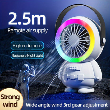 A fashionable astronaut-themed USB fan that is rechargeable and portable, featuring three adjustable speed settings. Perfect for both indoor and outdoor use.