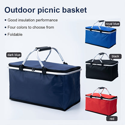 Foldable insulated picnic bag with handle for outdoor travel, in black nylon.