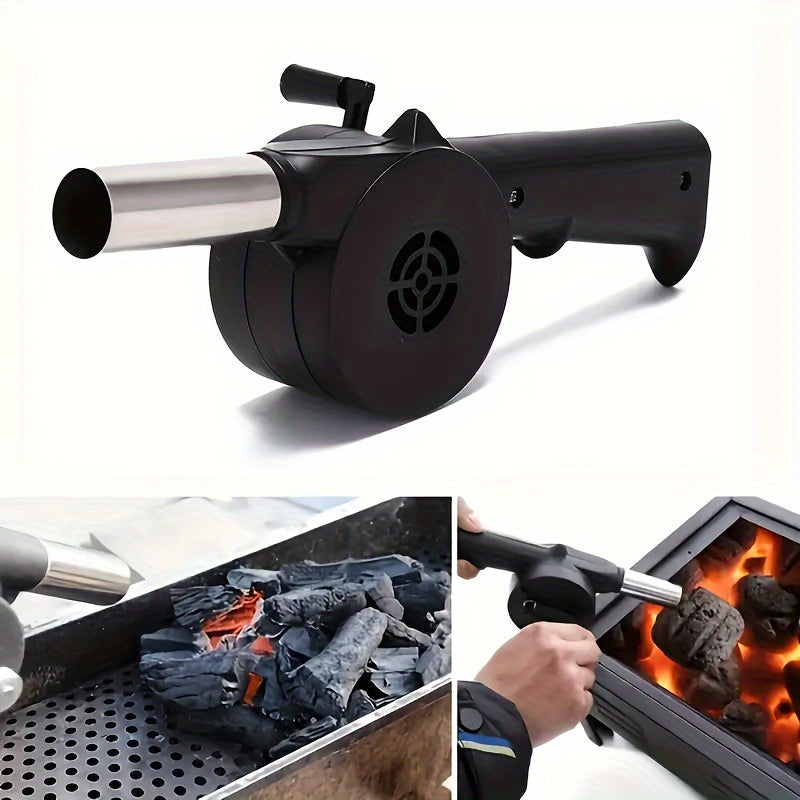 Handheld manual BBQ blower made of durable plastic for outdoor cooking.