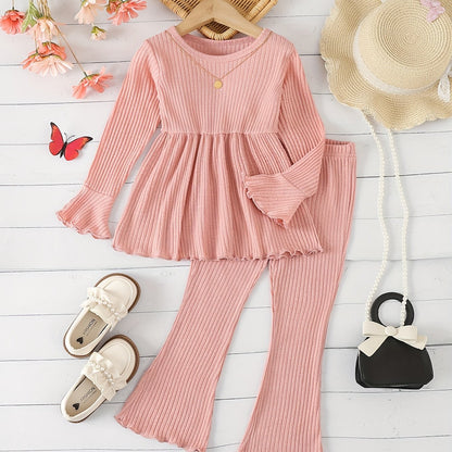 2-piece girls outdoor clothing set features solid color fashion pit stripe flared long sleeve top and pants.