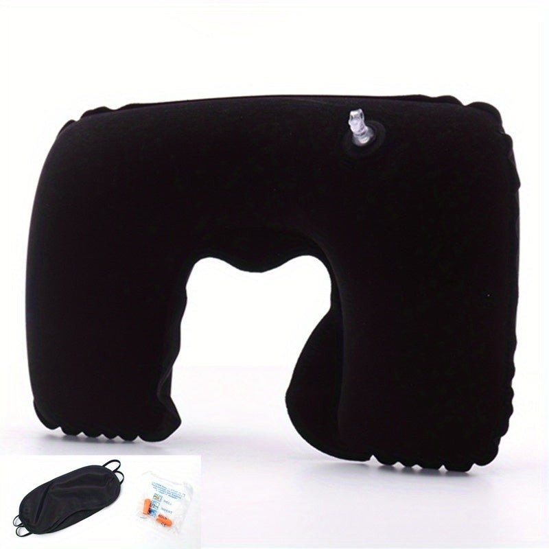 Inflatable U-shaped Travel Pillow Set with Short Plush Cover, PVC Support Headrest, Earplugs, and Eyeshade for Car or Office Use