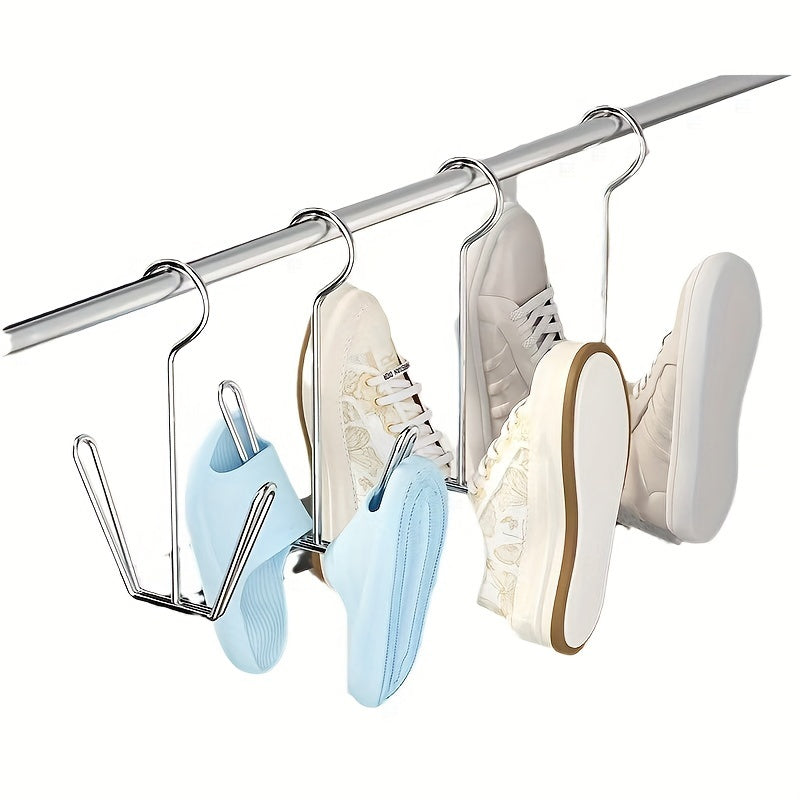 Three stainless steel shoe rack hangers designed for space-saving storage and drying in closets. Perfect for home and laundry organization, storing shoe boxes, household accessories, and drying racks.