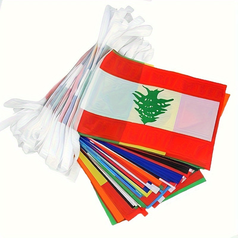 International world flag banner for room decor featuring flags from 25/50/100 countries. Made of non-woven polyester, perfect for various events such as weddings, graduations, beach