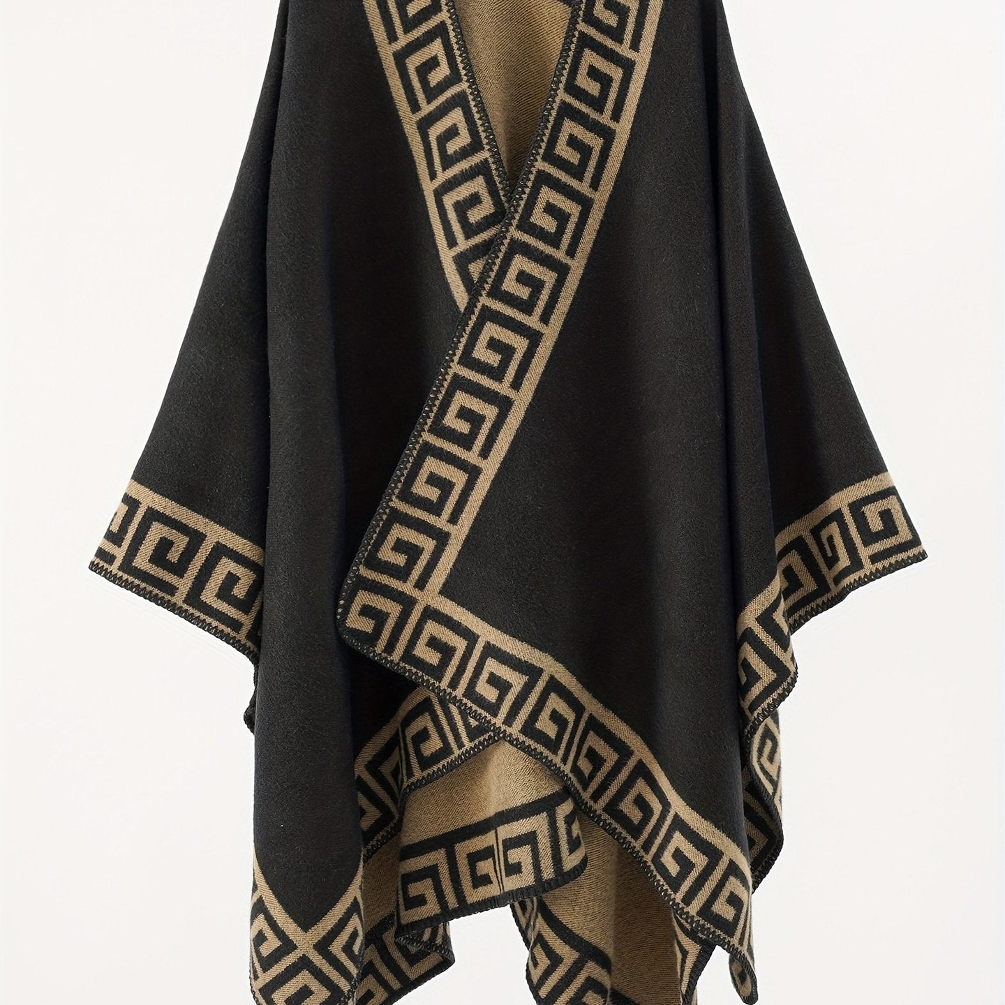 Cozy split shawl with geometric print for plus size women, ideal for fall and winter.