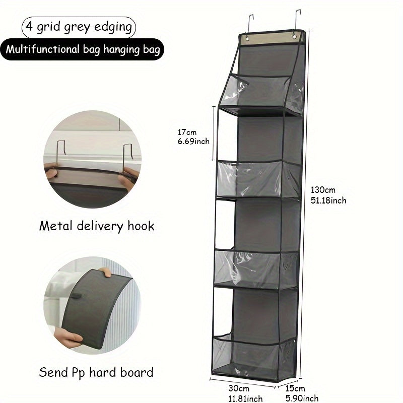 Wall-mounted storage bag with multiple layers for dormitory use, designed to hang behind doors and featuring a transparent design for visibility and multifunctional storage.