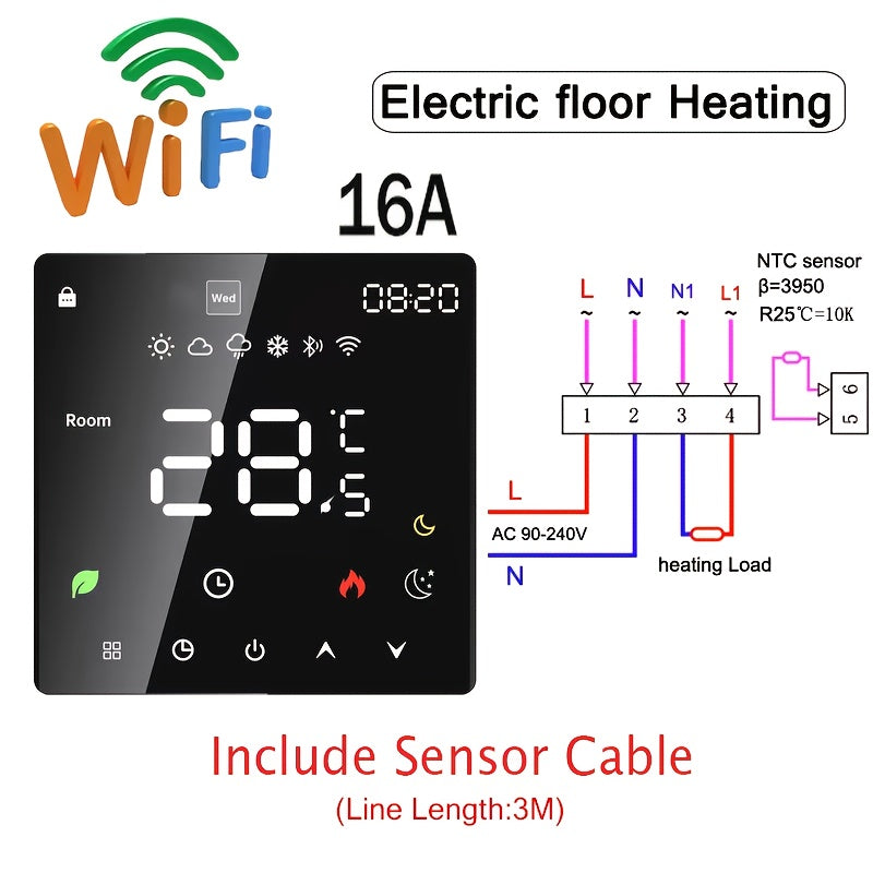 WiFi Smart Thermostat controls electric floor heating, TRV water/gas boiler - flush mount digital temperature sensor. App/Voice control through Alexa/Google Home. Hardwired 220-240V room