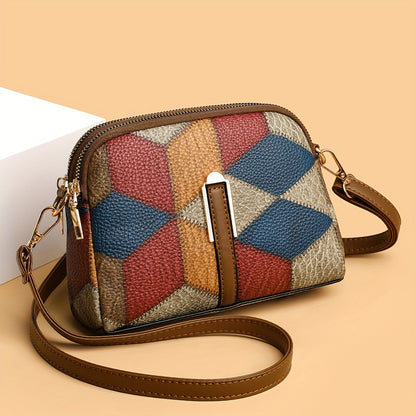 Colorblock crossbody bag featuring a retro rhombus pattern, ideal as a fashion shoulder bag for women.