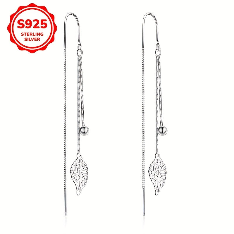 A set of women's earrings featuring tassels and hollow leaf design, weighing 2.6g in 925 sterling silver, perfect for everyday wear or gifting