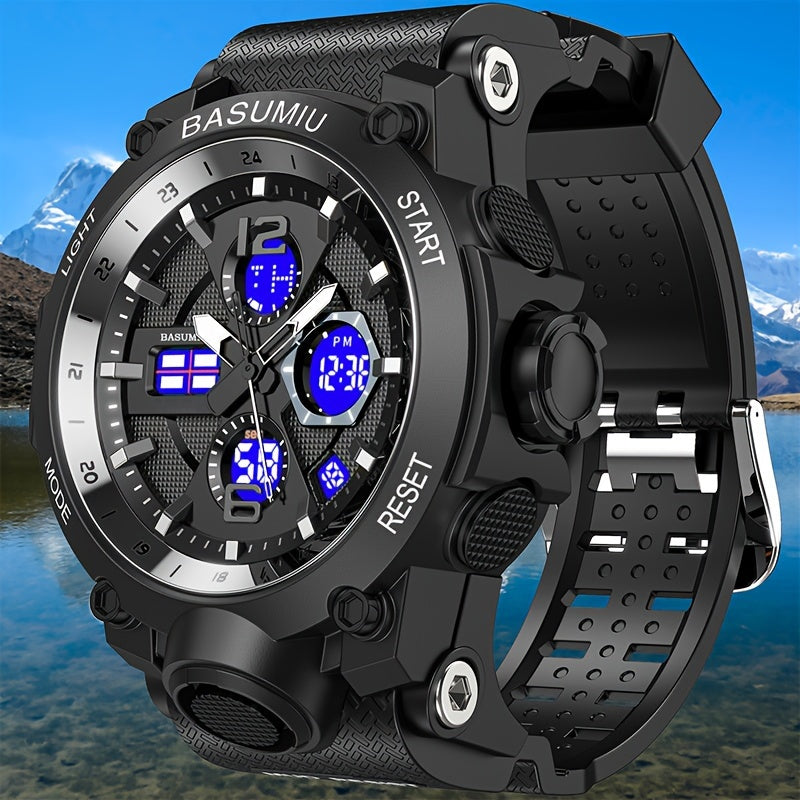 Digital sports watch for men with a waterproof tactical military design. Features dual display electronic movement and luminous detailing. Comes with a PC case, TPU strap, and non-rechargeable button battery. Rated IPX7 for water resistance.