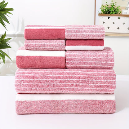 8-piece towel set with stripes - fast drying and highly absorbent. Includes 2 bath towels, 2 hand towels, and 4 washcloths for home, hotel, or spa use.