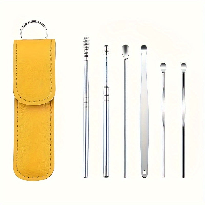 Ear Care Kit with 6 stainless steel ear spoons and storage case for daily cleaning at home or outdoors, no battery needed.