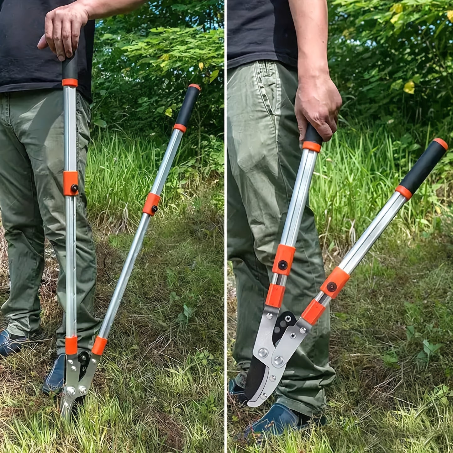 Adjustable telescopic tree trimmer with heavy-duty pruning shears, high-carbon steel blade, and contemporary metal construction for lawn and garden care.