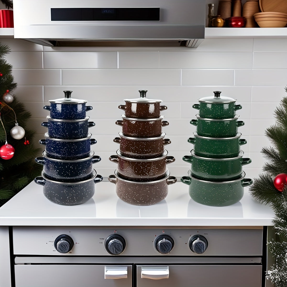 Set of 5 Christmas Enamel Cookware Pieces - Lightweight, Portable, and Versatile Pots for Soup, Stew, and More - Suitable for Gas and Electric Stoves - Ideal for Home Kitchens and Restaurants