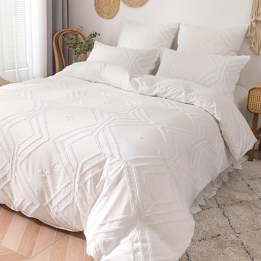 Boho Tufted Duvet Cover Set 1 ta Duvet Cover va 1 yoki 2 ta Yostiq qopqog'ini o'z ichiga oladi (Yadro kiritilmagan). Geometrik Tekstura dizayni va Zipper yopilishi bilan ta'minlangan, bu Yumshoq va Yengil to'shak to'plami barcha fasllar uchun mukammaldir.