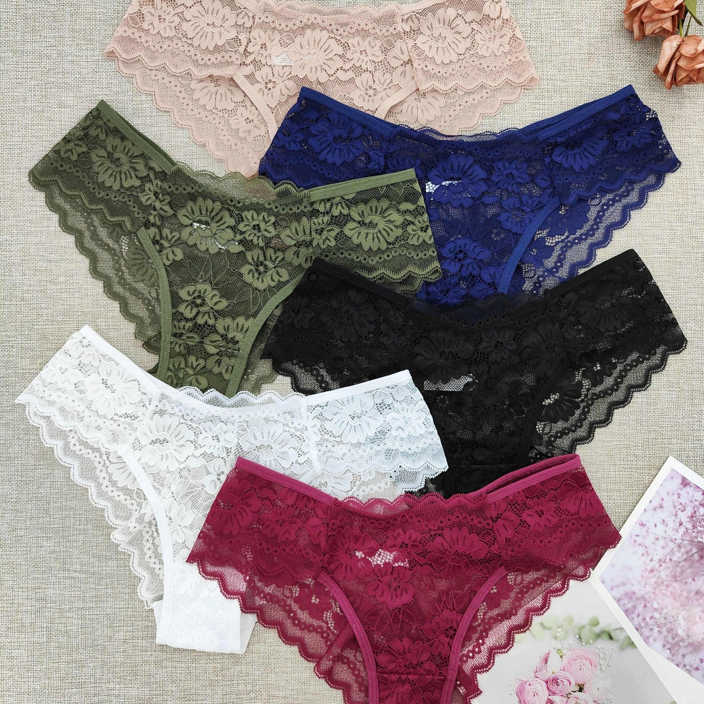 6 Women's Lace Floral Low-Rise Bikini Panties - Nylon Blend, Semi-Sheer, Cute & Comfortable