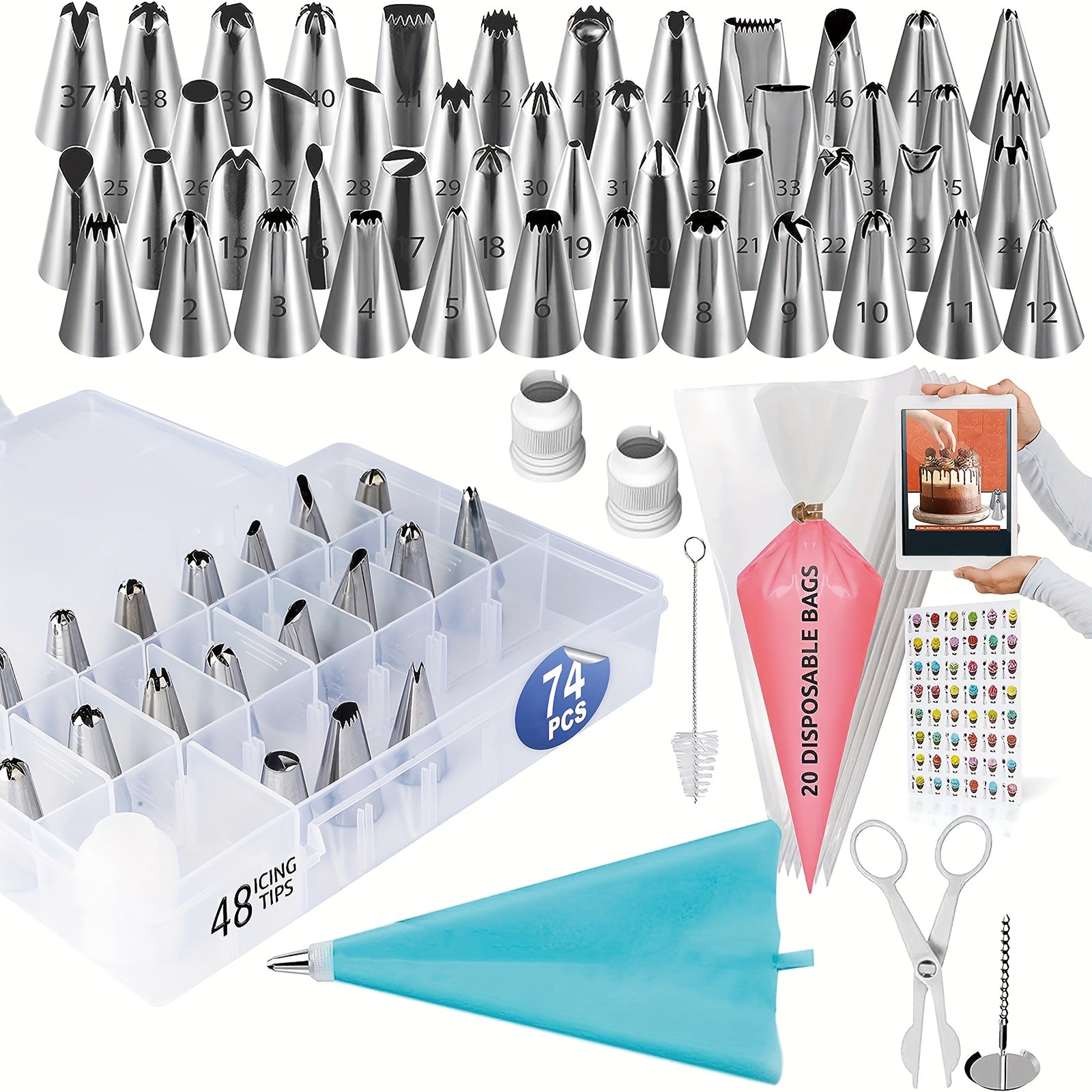 This cake decoration set includes 74 out of 100 pieces, featuring a variety of baking tools such as 48 stainless steel decorative tips, 50 thickening disposable decorative bags, cake scraper, spatula, recycling decorative bags, decorative scissors