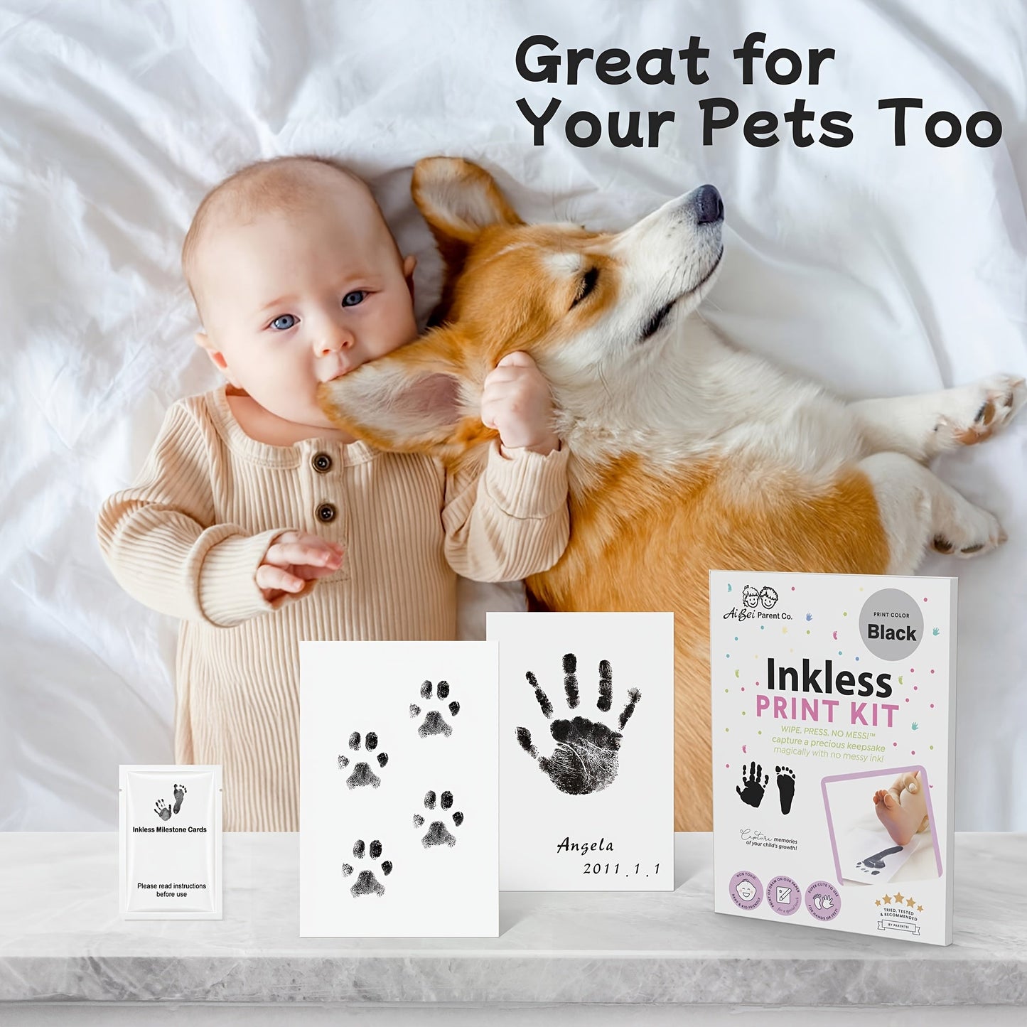 Capture the precious memories of your child's hand and footprints with the Ai Bei Parent Co Inkless Hand and Footprint Kit. Made from safe and non-toxic silicone, this kit is easy to use with no mess. Perfect for milestone memories and home decor.