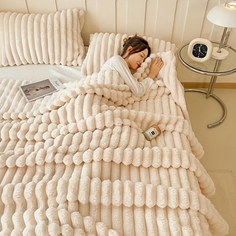 Soft and cozy Champagne Plush Double-Layer Throw Blanket perfect for all seasons. This knitted bed cover features contemporary style and is made from 250-300g polyester. Machine washable and ideal for use on the couch, bed, office, travel, and siestas.