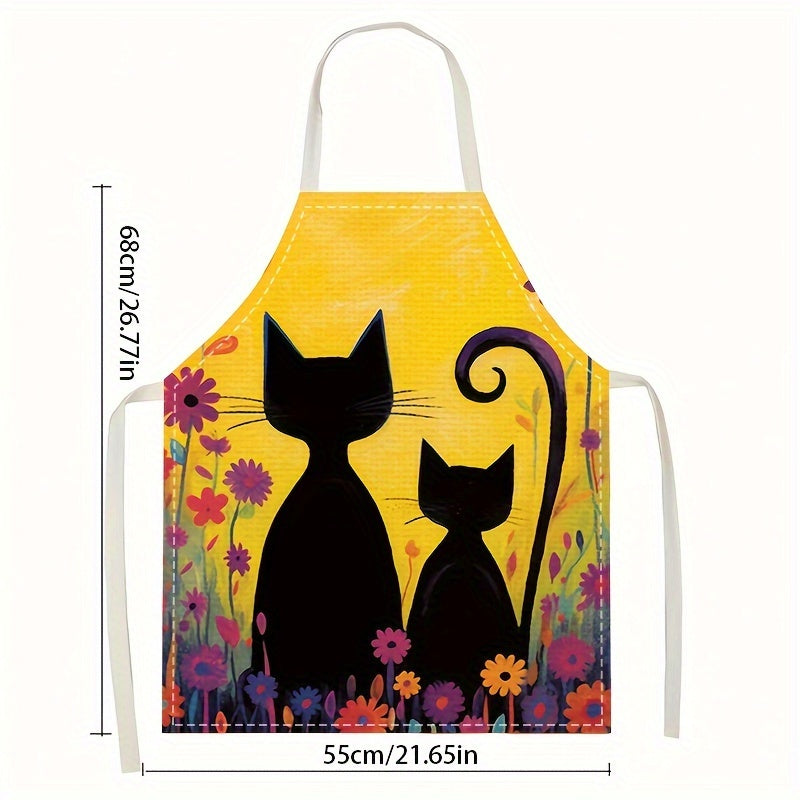 1 Linen apron with retro cat painting pattern, versatile for home kitchen work, cooking, cleaning, and restaurant use.