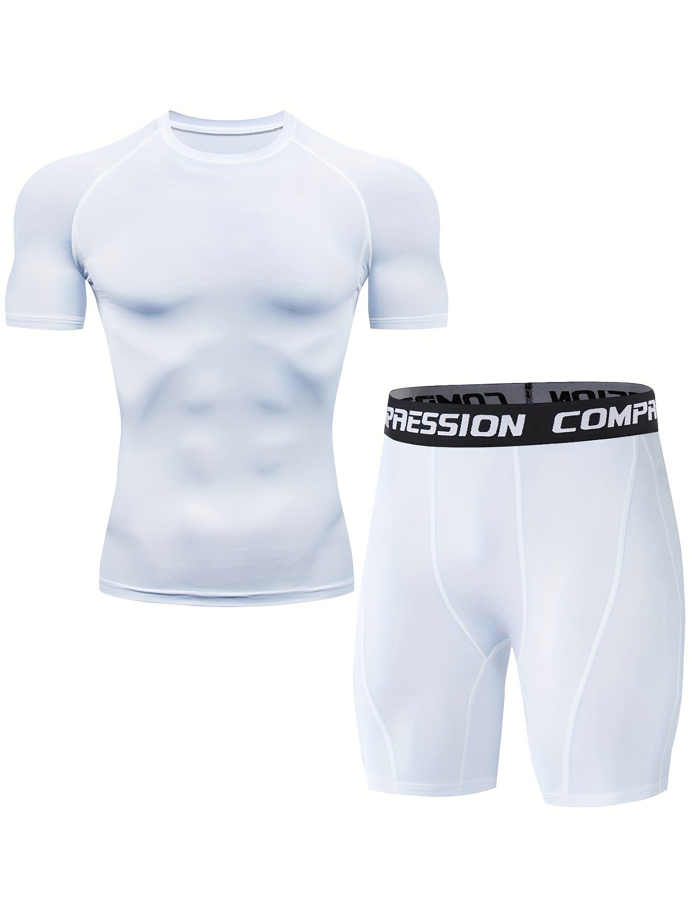 Men's sports running set includes skin-tight quick dry short sleeve compression shirt and shorts for gym and yoga.