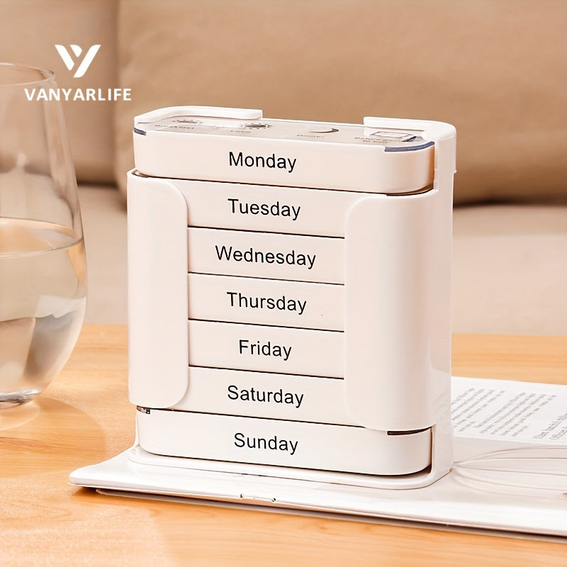 VANYARLIFE 7-Day Large Capacity Portable Pill Organizer with Removable Daily Compartments for AM, Noon, Evening, and Bedtime medications. White, Food-Safe PC Material, Durable Polycarbonate