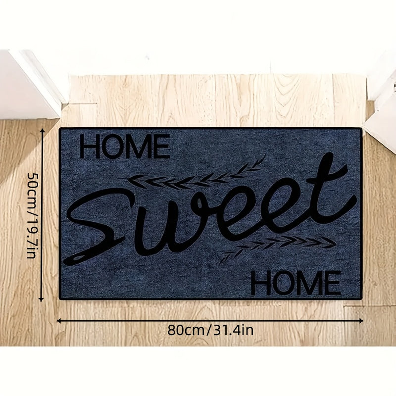 Machine washable Sweet Home Welcome doormat made of polyester. Suitable for indoor and outdoor use, this entrance mat is perfect for home, living room, kitchen, bedroom, farmhouse, hallway, and laundry room carpet.