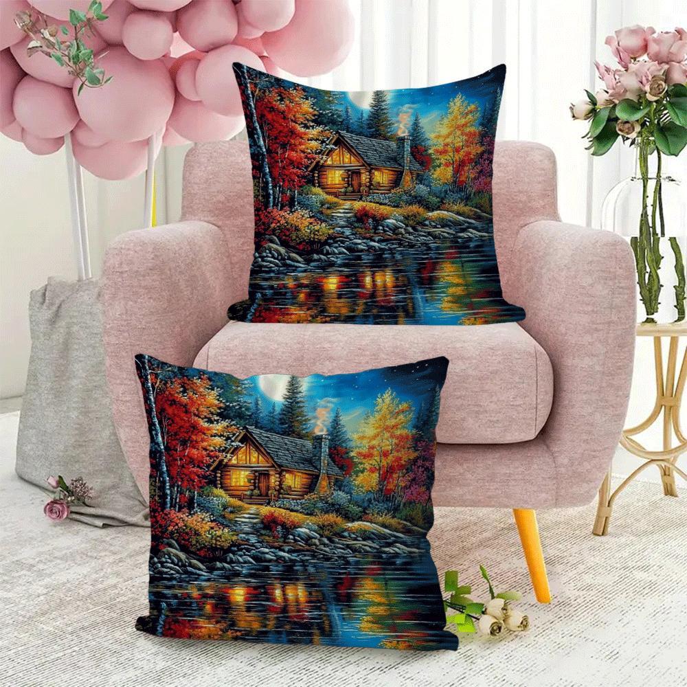 Set of 2 Contemporary Flannel Pillow Cases, 45.72x45.72 cm, Featuring Lakeside Lodge Scenery, Easy to Clean in Washing Machine, Zippered Closure, Ideal for Year-Round Comfort for Those Who Sleep on Their Back, Adds Style to Indoor and Outdoor Sofas