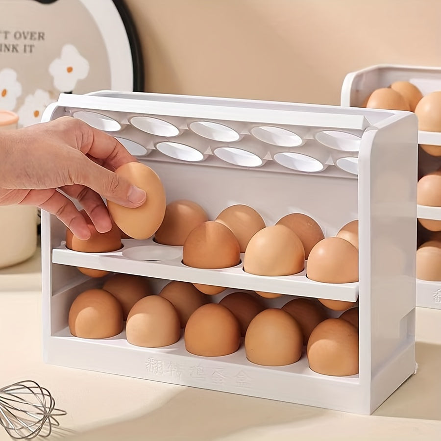 Large capacity plastic refrigerator egg holder with flip storage box for organizing and maintaining freshness of 30 eggs without batteries.