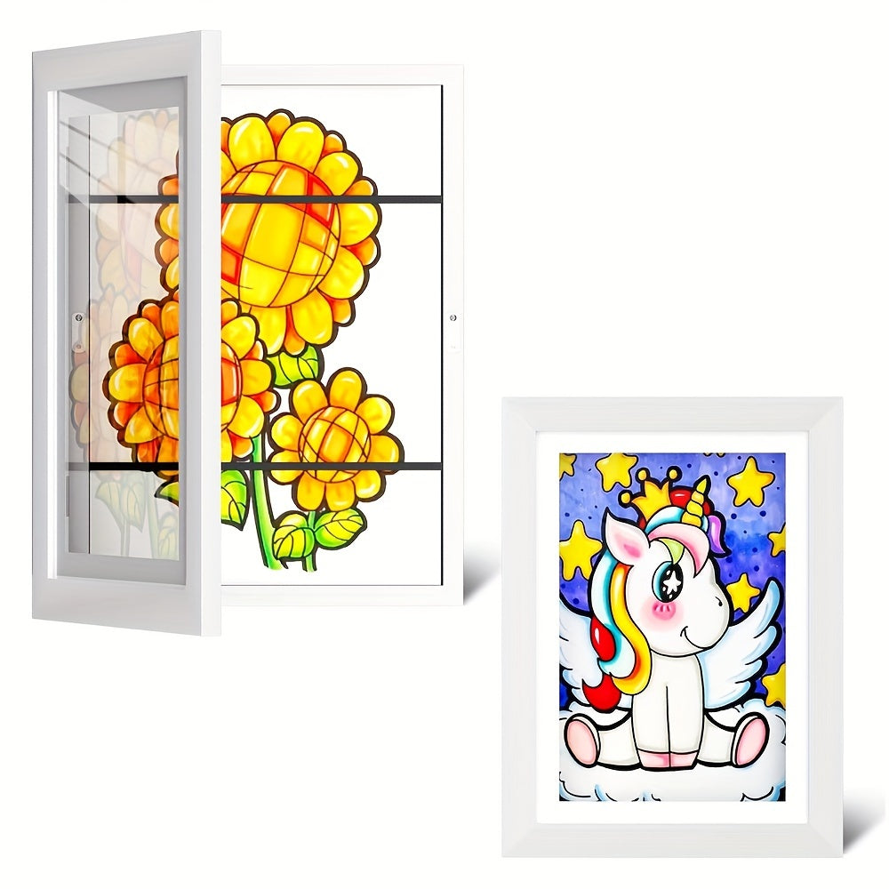 Magnetic storage frame for art photos, easily changeable for front-opening display on walls.