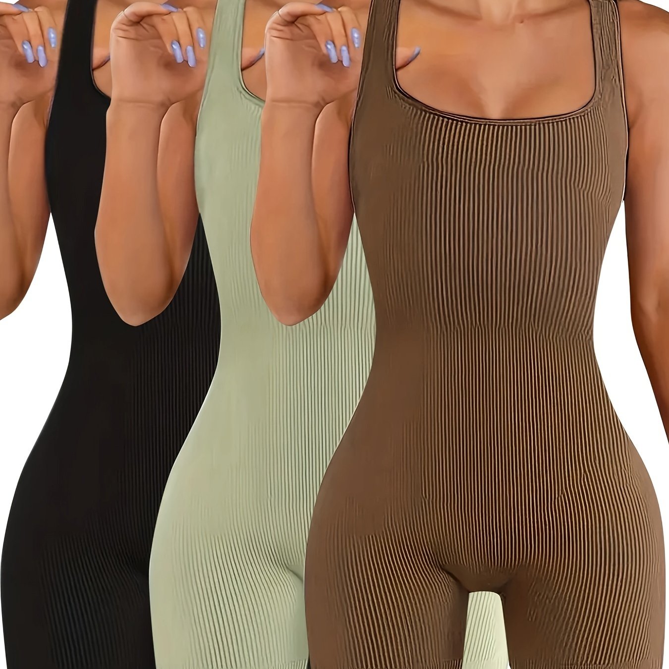 3 sporty solid ribbed lounge rompers: square neck slim fit tank romper for women's loungewear.