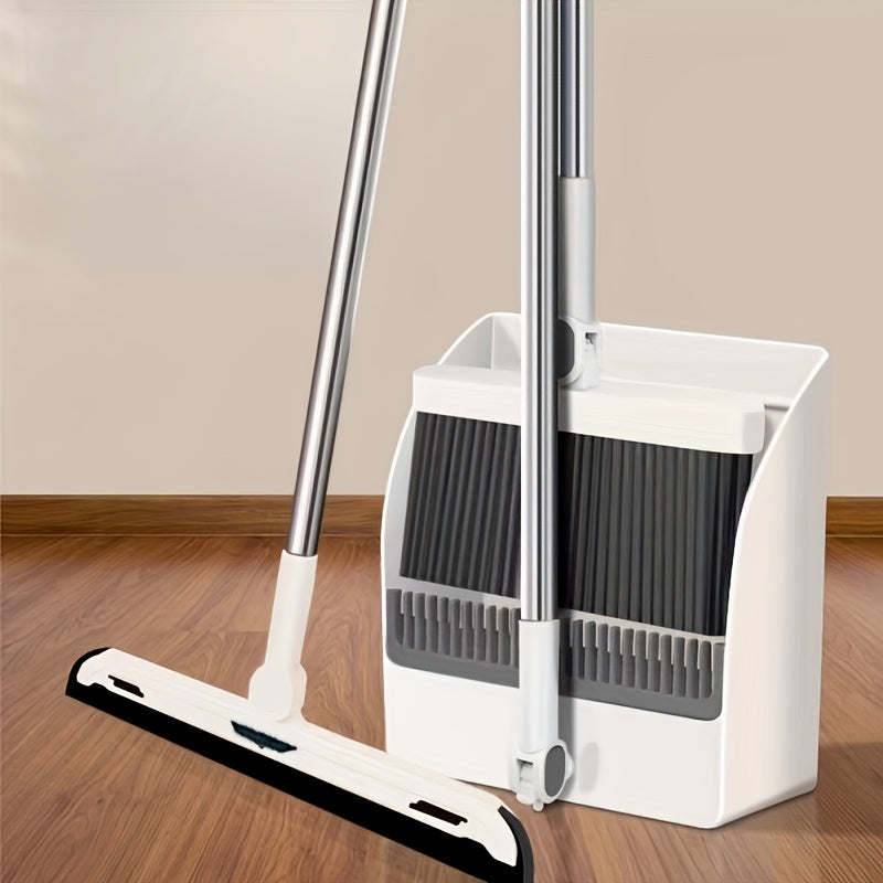 A versatile broom set consisting of three pieces: a broom, dustpan, and hanging water board. The broom features a 360-degree bendable brush head with windproof design and dense bristles, making it ideal for cleaning furniture. Perfect for use in home